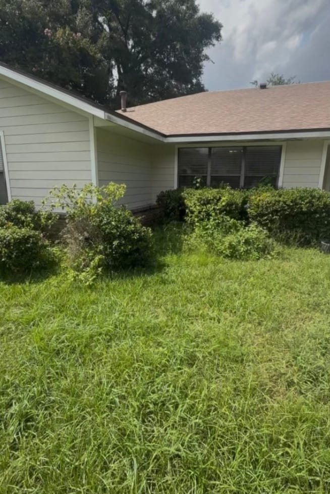 Before — knee-high grass across the front of a cream-sided house, shrubs grown up over the window sills.