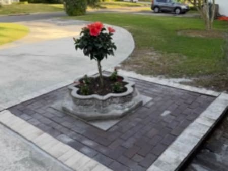After — the same island with the pavers reset and a red hibiscus in the planter.