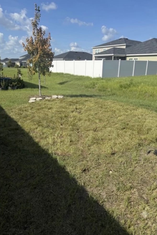 After — grass grown in over the same patch and mowed level with the rest of the yard.